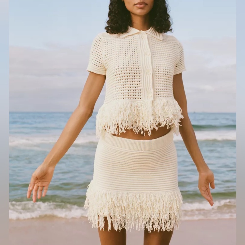 Zara Cream Crocheted Fringe Short Sleeve Top